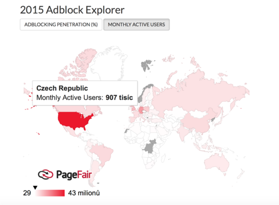 Počet lidí užívajících blokátory internetové reklamy (zdroj: PageFair).
